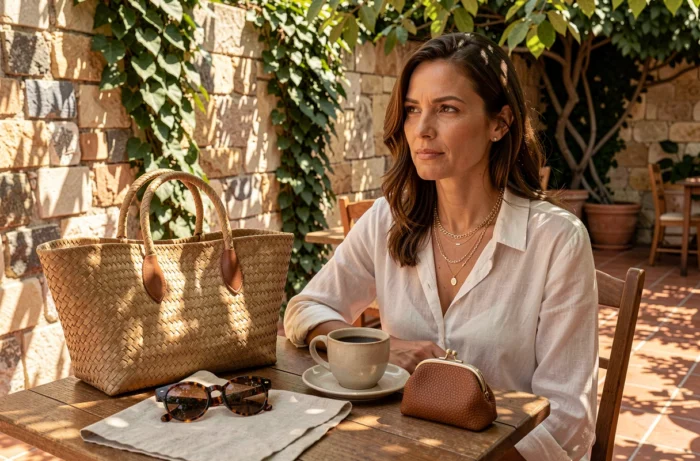 Femme assise en terrasse méditerranéenne avec ses accessoires tendances posés sur une table en bois rustique