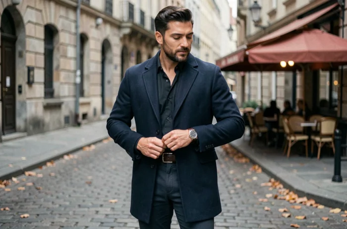 Homme élégant en manteau marine ajustant sa ceinture en cuir dans une rue pavée européenne à l'automne