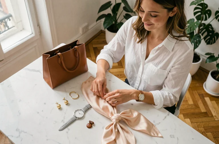 Femme arrangeant des accessoires tendances sur une surface en marbre blanc dans un appartement parisien minimaliste