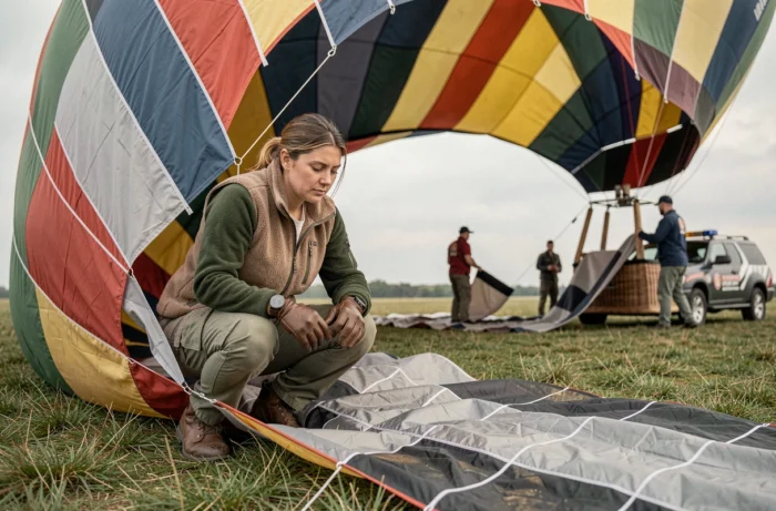 Aérostière féminine inspectant l'enveloppe d'une montgolfière avant le décollage sur un terrain herbeux