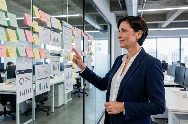 Directrice d'agence digitale présentant une stratégie de visibilité en ligne devant un mur d'analyses et de données marketing