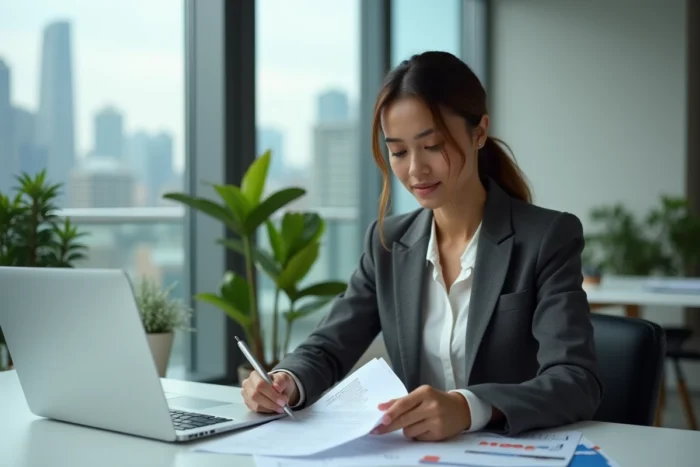 Agent de booking négociant un contrat de prestation artistique dans un bureau moderne