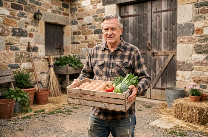 Agriculteur tenant une caisse en bois remplie d'œufs frais et de légumes dans une ferme locale