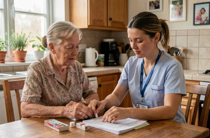 Aide à domicile ADMR assistant une personne âgée dans sa cuisine pour la gestion administrative et médicale