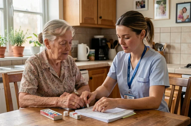 Aide à domicile ADMR assistant une personne âgée dans sa cuisine pour la gestion administrative et médicale