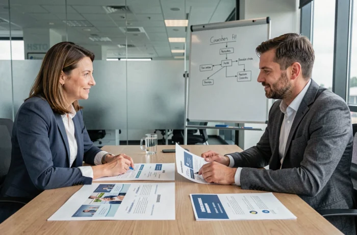 HR director and marketing manager aligning employer and client brand guides together around a meeting table
