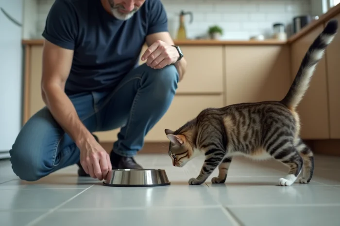 Homme nourrissant son chat tigré dans une cuisine domestique réaliste