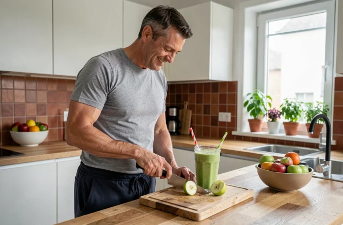 Homme préparant un smoothie sain dans une cuisine moderne dans le cadre d'un quotidien bien-être
