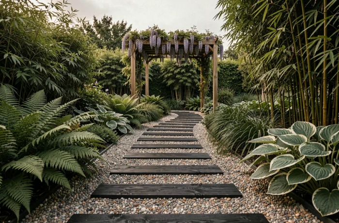 Allée de jardin en traverses de bois foncé posées dans du gravier avec pergola en arrière-plan et végétation luxuriante