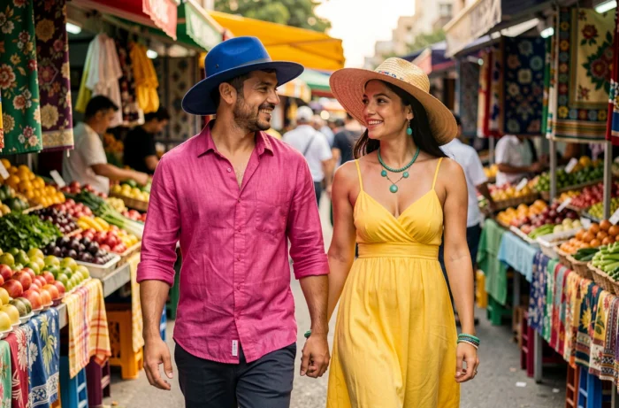 Deux amies vêtues de tenues aux couleurs vives rose fuchsia, bleu royal et jaune soleil se promenant dans un marché en plein air animé