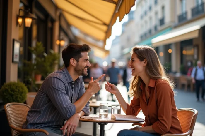 Deux amis affamés au restaurant consultent le menu en riant sur une terrasse de café urbaine