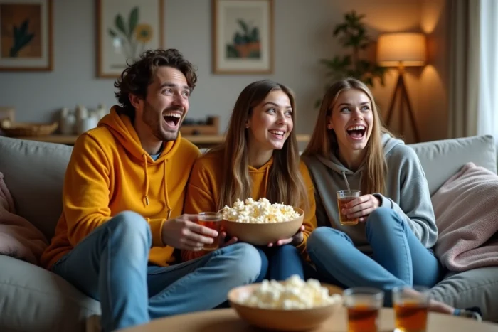 Groupe d'amis regardant une série ensemble sur le canapé dans un salon scandinave convivial
