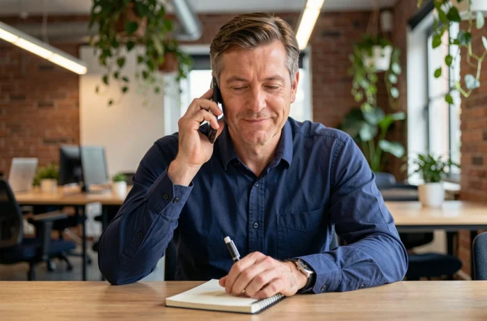 Homme appelant le service contact d'un site web depuis un espace de coworking