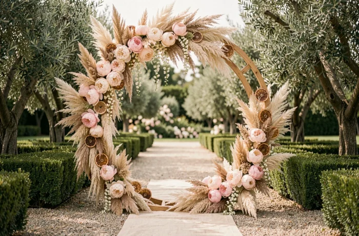 Arche de mariage ronde en bois ornée de pivoines blush et de pampa dans un jardin élégant pour 2024