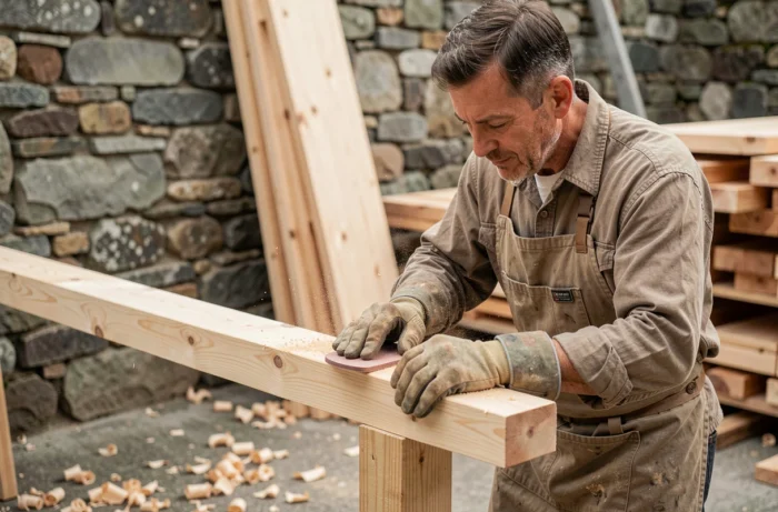 Artisan menuisier ponçant un panneau de clôture en cèdre dans un atelier extérieur, copeaux de bois visibles au sol