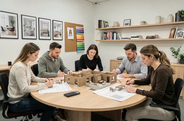 Groupe de participants adultes lors d'un atelier pratique de décoration intérieure Decoscope autour d'une table avec des maquettes de pièces et des plans