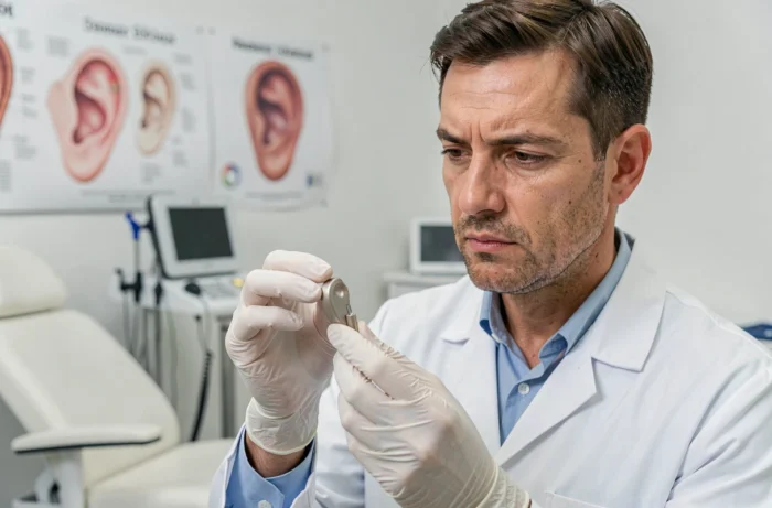 Audiologiste professionnel examinant un appareil auditif dans un cabinet médical, soulignant l'importance d'un suivi médical avec des stimulants auditifs comme Audistim