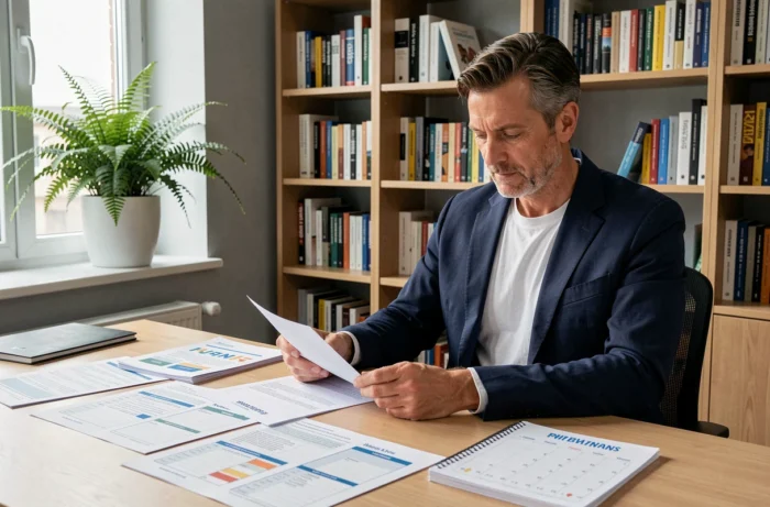 Brand consultant examining brand coherence audit checklists on a desk covered with documents, with a semi-annual review calendar