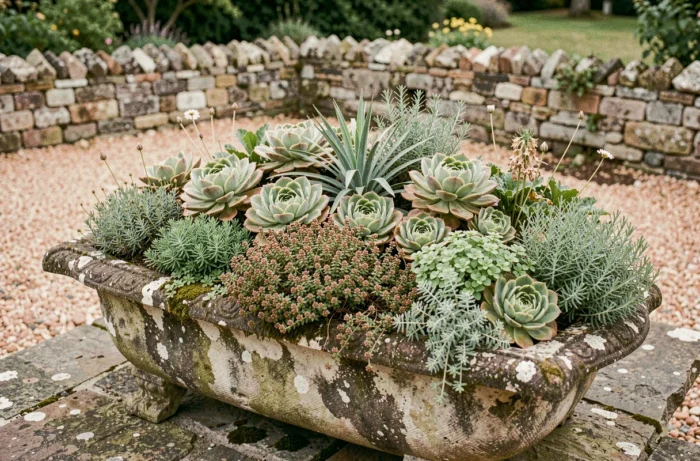 Auge en pierre ancienne plantée de succulentes et de sedum sur une terrasse de jardin en pierres