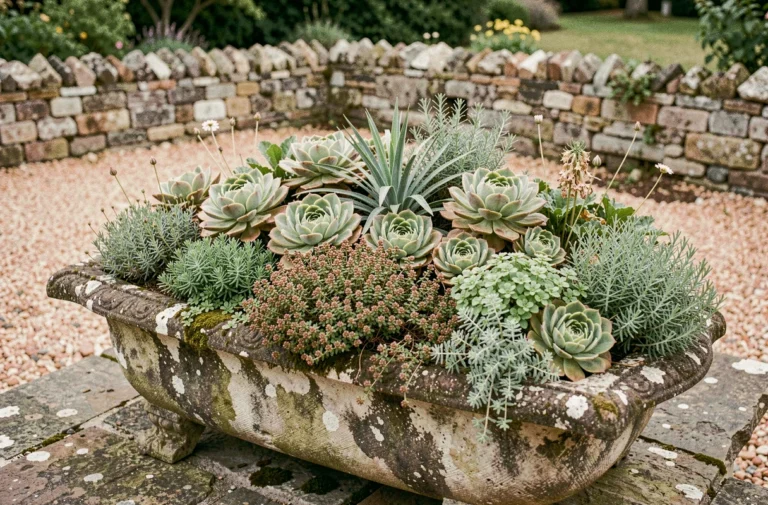 Auge en pierre ancienne plantée de succulentes et de sedum sur une terrasse de jardin en pierres