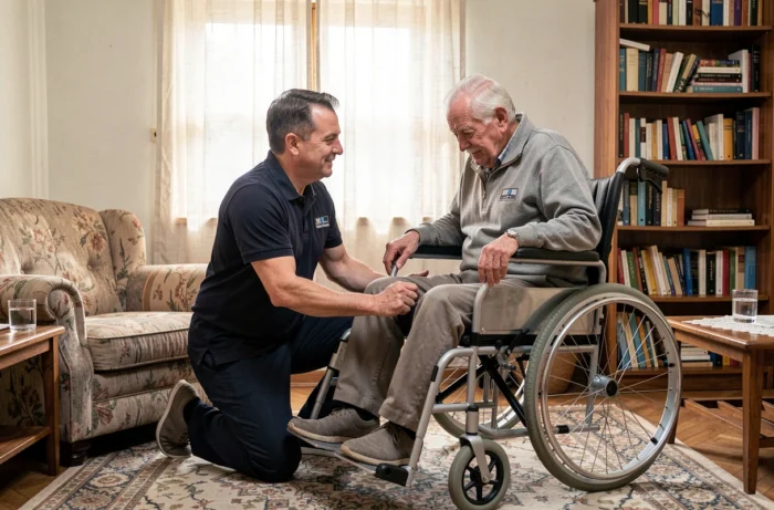 Auxiliaire de vie masculin aidant un senior en fauteuil roulant lors d'un exercice de mobilité à domicile