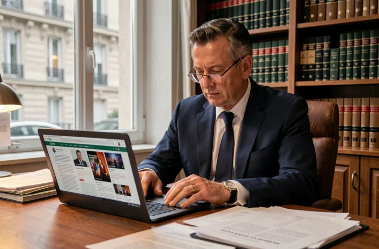 Avocat français examinant des documents liés au droit d'auteur et aux sites de streaming illégaux dans un bureau parisien