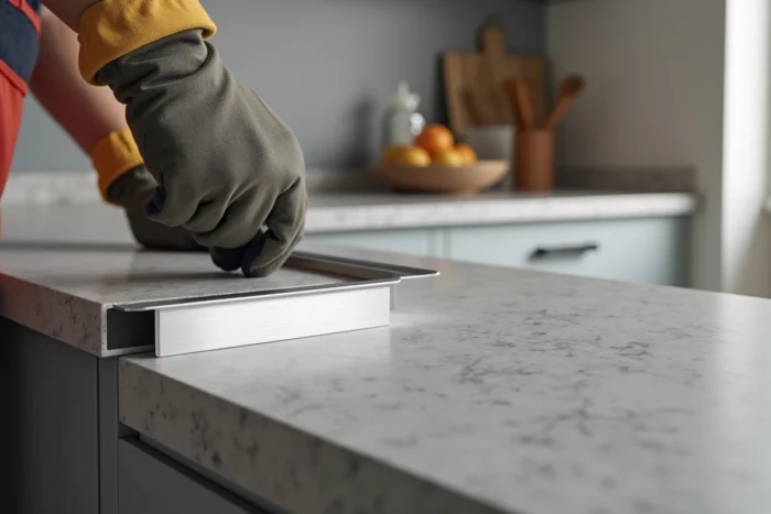 Pose d'une baguette d'angle en aluminium pour une finition nette à la jonction entre le mur et le plan de travail