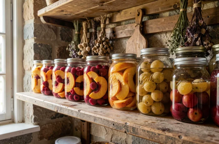 Bocaux en verre hermétiques remplis de fruits macérés à l'alcool 90° alignés sur une étagère en bois dans un cellier traditionnel