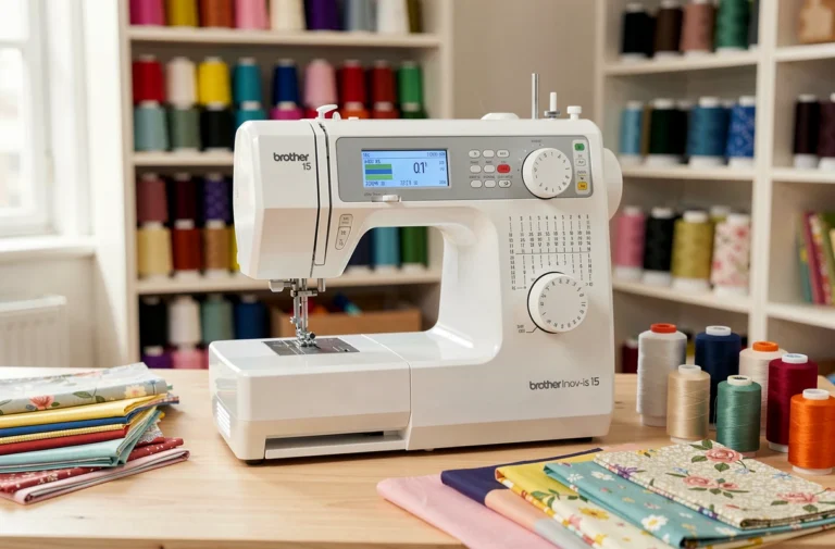 Machine à coudre Brother Innov-is 15 posée sur une table en bois avec des bobines de fil et des tissus autour