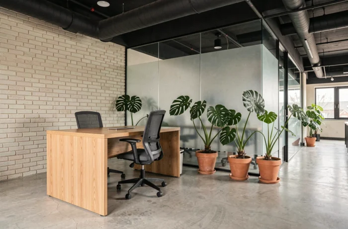 Bureau professionnel moderne avec bureau en chêne, chaise ergonomique et plantes vertes devant une cloison en verre dépoli dans un espace loft industriel