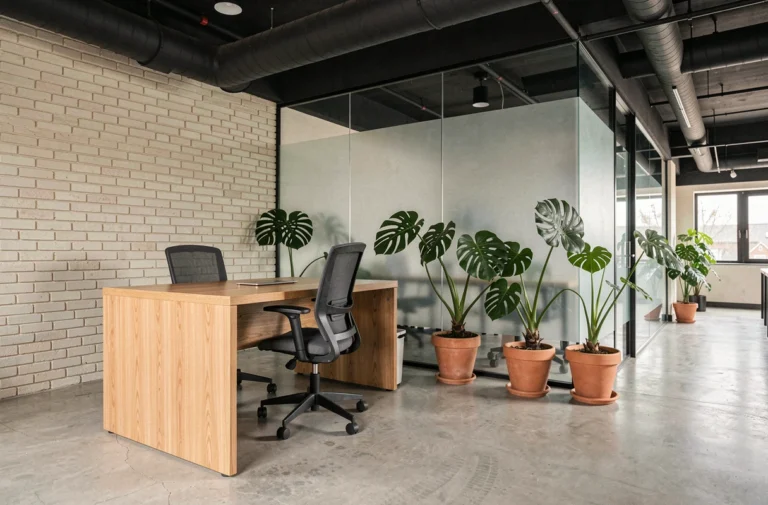 Bureau professionnel moderne avec bureau en chêne, chaise ergonomique et plantes vertes devant une cloison en verre dépoli dans un espace loft industriel