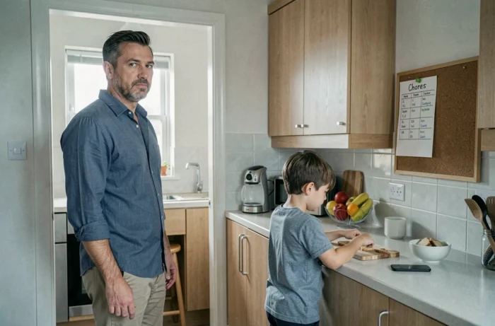 Père observant à distance son enfant préparer une collation seul en cuisine, avec un tableau de règles affiché au mur