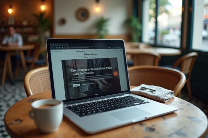 Ordinateur portable dans un café parisien affichant un article sur la réglementation des noms de domaine internet en France