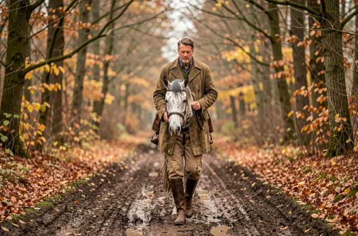 Cavalier en manteau de cire conduisant un cheval gris pommelé sur un sentier forestier automnal équipé d'une couverture de paddock