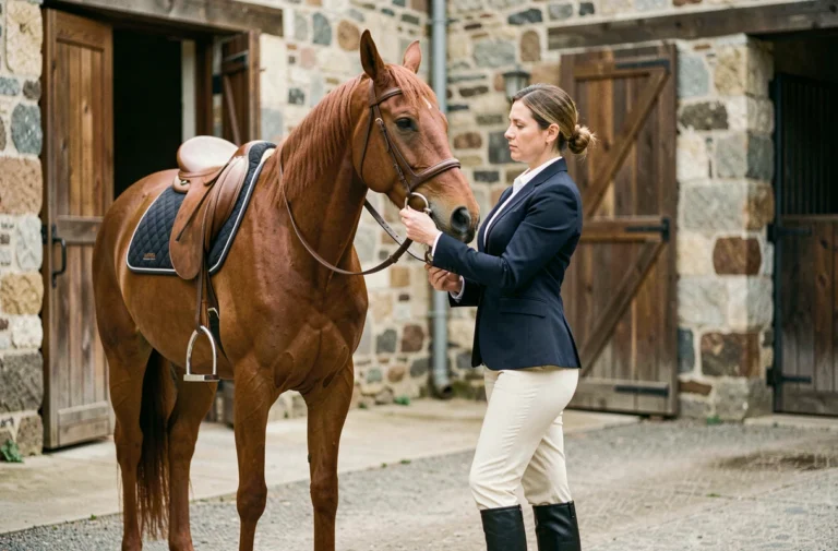 Cavalière en tenue équestre complète ajustant la bride de son cheval chestnut dans une cour d'écurie en pierre