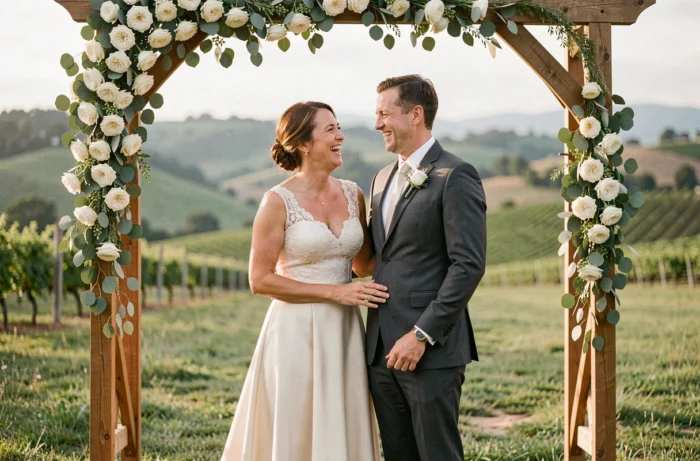 Mariés souriants devant une arche fleurie de roses blanches et d'eucalyptus lors d'une cérémonie de mariage en plein air dans un vignoble