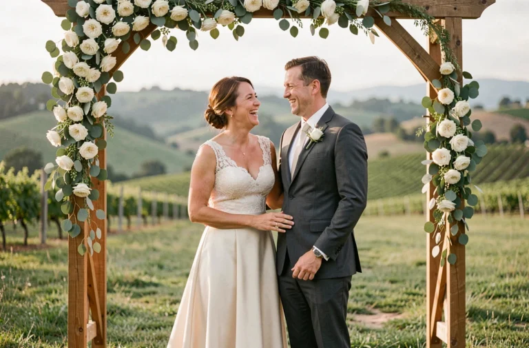 Mariés souriants devant une arche fleurie de roses blanches et d'eucalyptus lors d'une cérémonie de mariage en plein air dans un vignoble