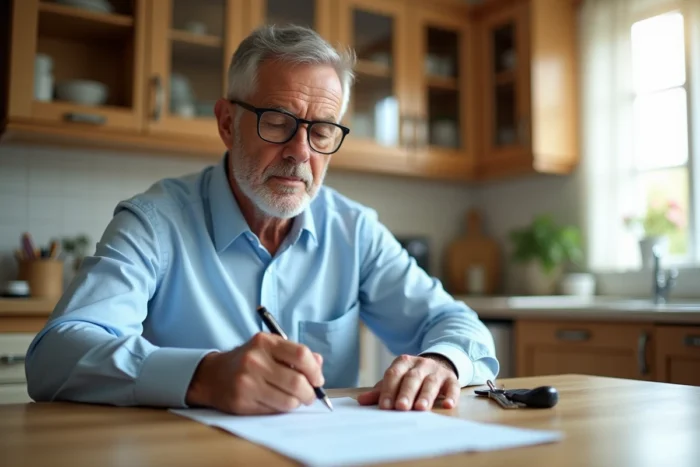 Homme signant un document de cession de véhicule à titre gratuit à une table de cuisine