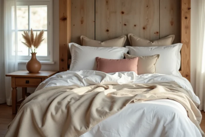 Chambre cocooning avec literie en lin superposée, tête de lit en bois brut et décoration naturelle en herbes de pampa séchées