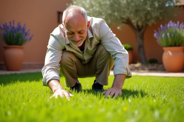 Homme examinant un gazon dense adapté au climat méditerranéen dans un jardin ensoleillé du sud de la France