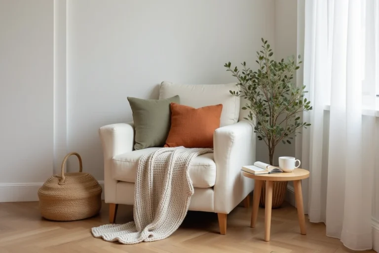 Coin salon cosy avec fauteuil en lin crème, plaid tricoté et table en bois dans un appartement scandinave chaleureux