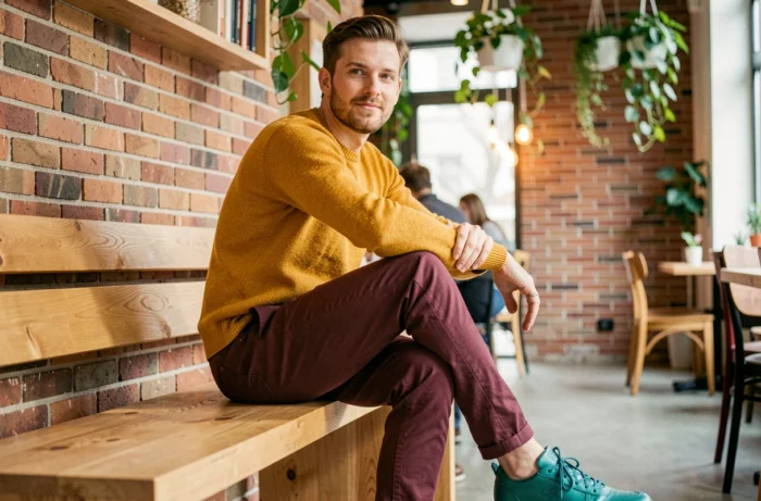 Homme en pull jaune moutarde, chino bordeaux et baskets bleu électrique assis dans un café moderne illustrant une combinaison de couleurs audacieuse
