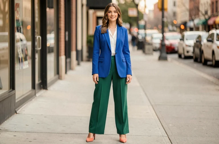 Femme portant une combinaison de trois couleurs vives : blazer bleu cobalt, pantalon vert émeraude et talons orange corail en milieu urbain