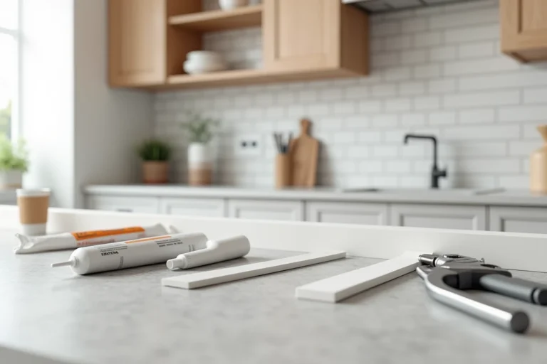 Vue d'ensemble d'une cuisine moderne avec un espace entre le mur et le plan de travail, différents matériaux de finition posés sur le comptoir