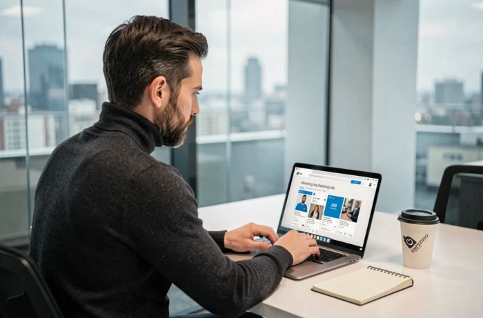 Consultant en marketing digital travaillant sur une campagne de visibilité pour une entreprise dans un bureau moderne avec vue urbaine