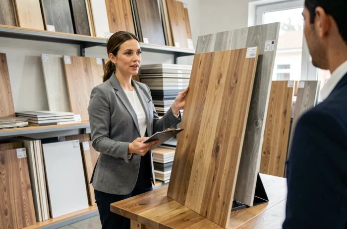 Consultante immobilière présentant des matériaux de rénovation dans un showroom professionnel
