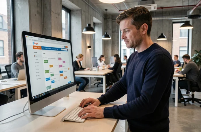 Homme consultant un plan de site web dans un espace de coworking professionnel moderne