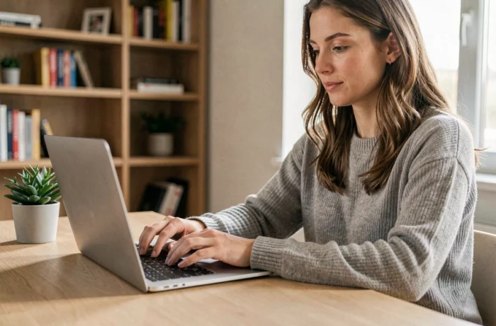 Femme contactant l'équipe d'un site web par email depuis son bureau à domicile