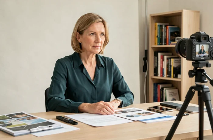 Expert filming a demonstration tutorial in a home studio, surrounded by professional references, illustrating the creation of expert content