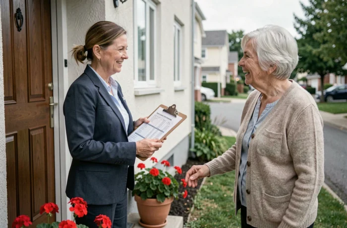 Coordinatrice de service à domicile arrivant au domicile d'une personne âgée avec un planning de prestations